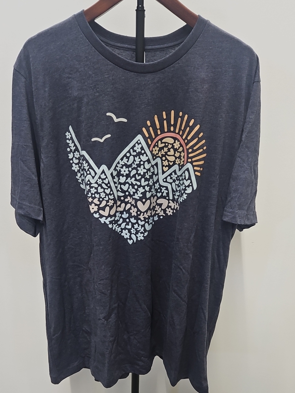 Bella + Canvas Heather Navy Tee with Multicolor Sunburst Mountain Graphic